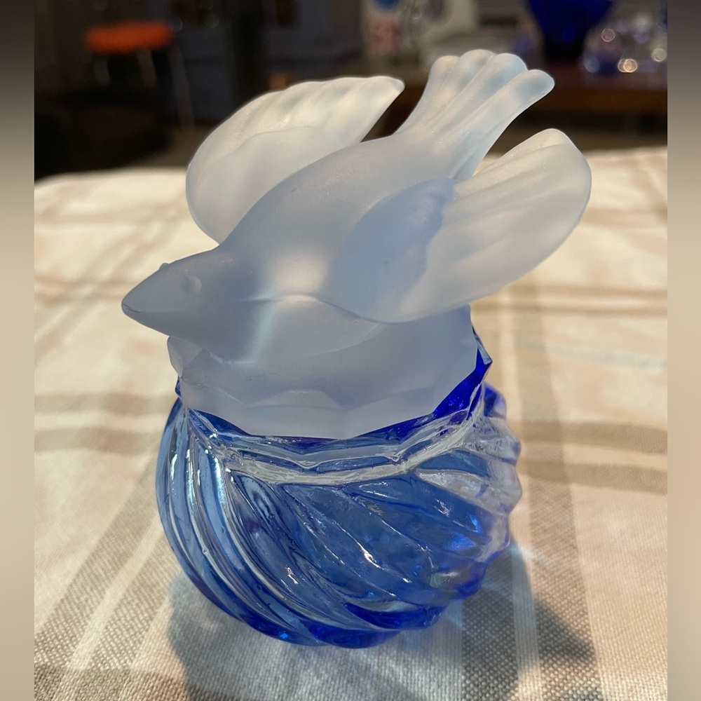 Vintage Blue Bird Satin Glass Cosmetic Jar